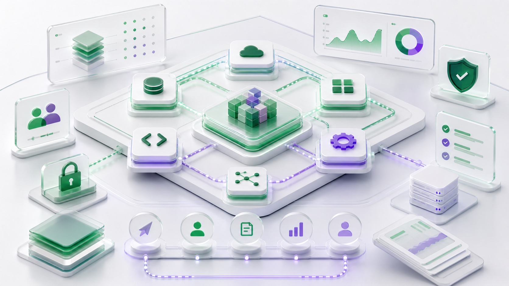 Abstract enterprise architecture workspace showing governance, ownership, security controls, connected systems, and reporting panels.
